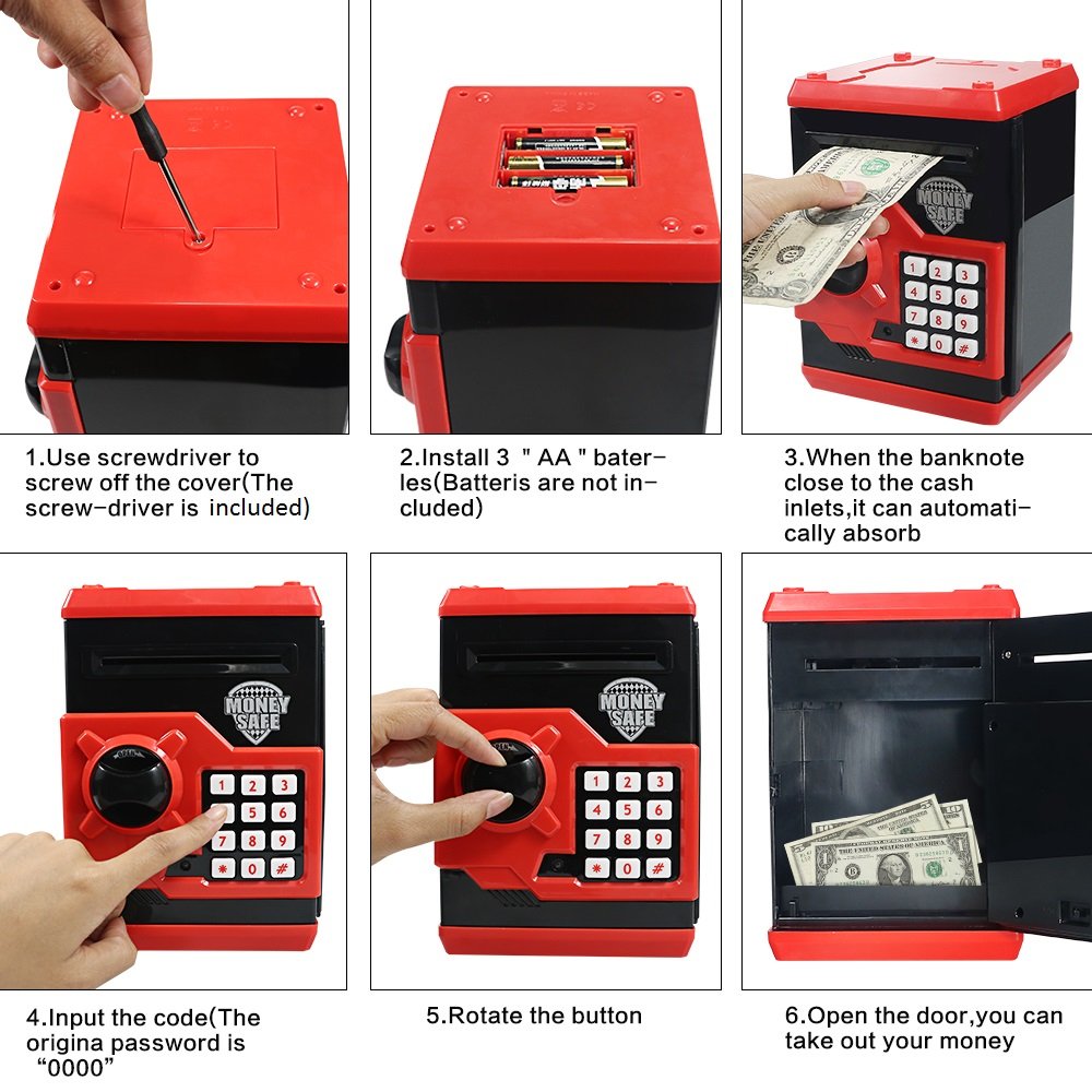 step by step instructions with photos on how to add the batteries, deposit money and open the ATM Piggy Bank