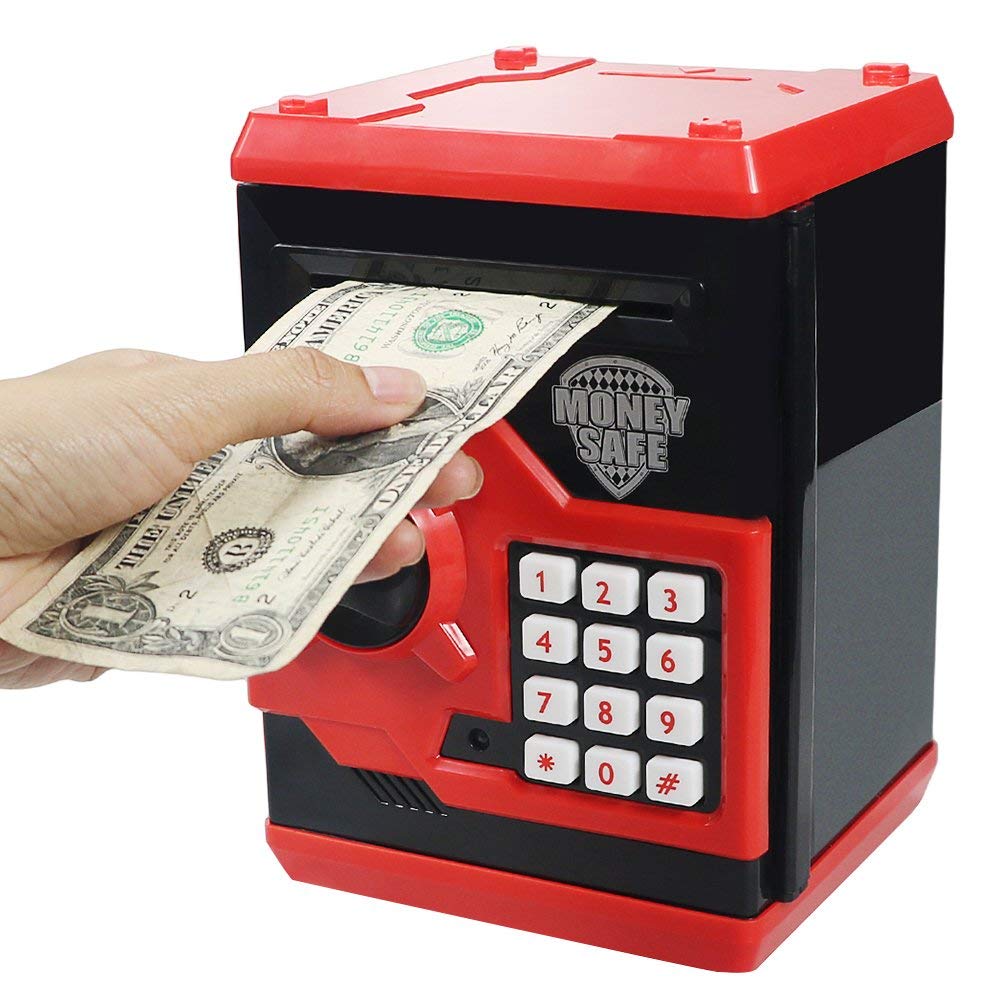 A One Dollar Bill being deposited into a black and red ATM Piggy Bank