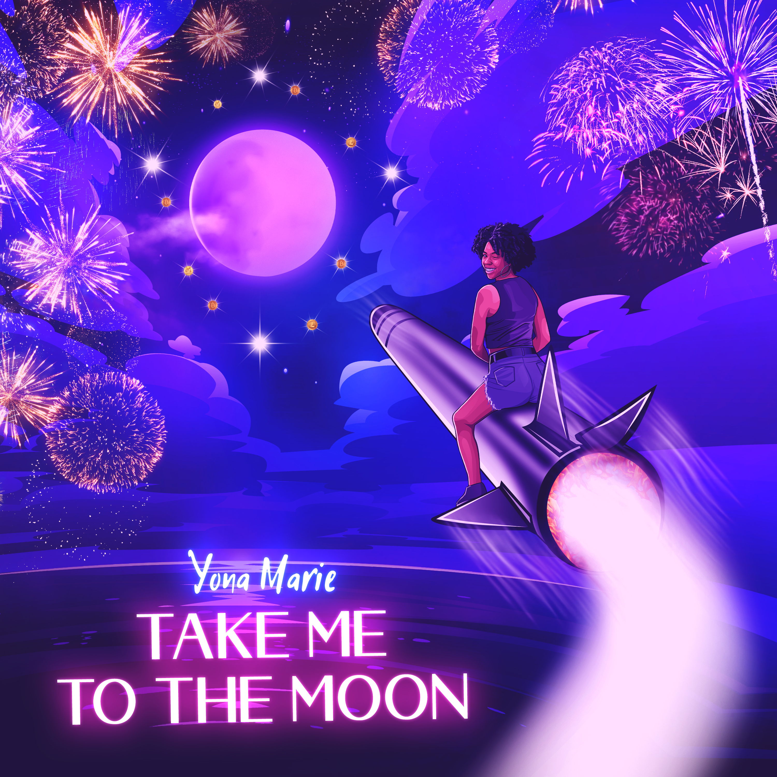 CoverArt for Yona Marie's single 'Take Me to the Moon' features a drawing of an African American woman  with curly afro, blue tank top and jean shorts sitting on a moving rocket that is headed to the moon while fireworks go off. She is looking back at us smiling.