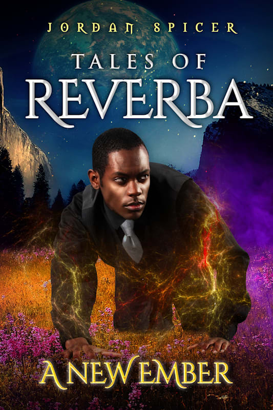 Book Cover  for 'Tales of Reverba' by Jordan Spicer which shows an African America in a black long sleeve shirt, black slacks, black vest and short blue-silver tie lookng to the side while on his hands and knees in a field of grass and pink weeds. The moon is behind him. with mountains on each side.